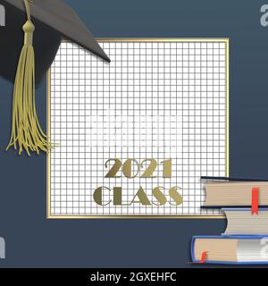 Tappo graduato 2021 con nappina. Classe di 2021 anni su carta grid graph quadrata, pila di libri concetto di educazione, isolato. Posiziona per il testo, spazio per la copia Foto Stock