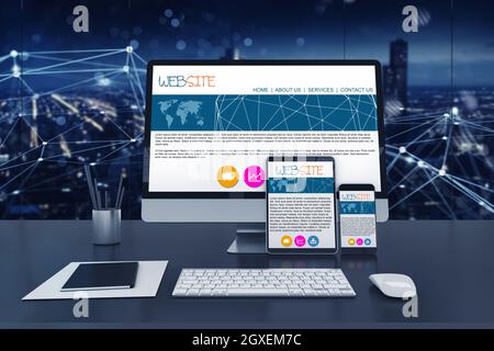 Sito reattivo visualizzati su diversi dispositivi, laptop, computer e smartphone. Il rendering 3D Foto Stock