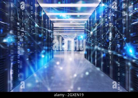 Server farm con effetti di connessione di rete e codice binario Foto Stock