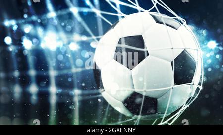 Primo piano di una palla che entra in rete in una partita di calcio. Rendering 3D Foto Stock