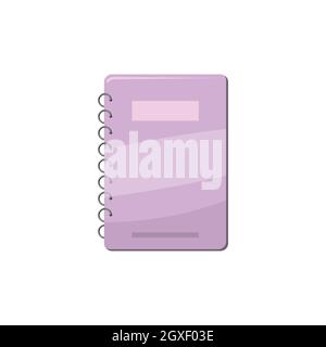 Taccuino a spirale con icona di copertina lilla in stile cartoon su sfondo bianco Foto Stock