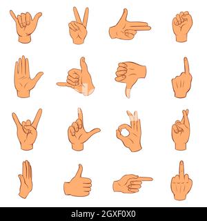 Le icone delle mani sono impostate in stile disegnato a mano isolato su sfondo bianco Foto Stock