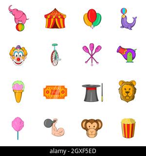 Icone Circus in stile cartoon isolato su sfondo bianco Foto Stock