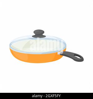 Padella in ceramica con coperchio in vetro in stile cartoon su sfondo bianco Foto Stock