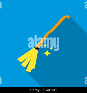 Icona della scopa delle streghe in stile piatto su sfondo blu Foto Stock