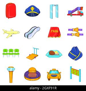 Le icone dell'aeroporto sono impostate in stile cartoon isolato su sfondo bianco Foto Stock