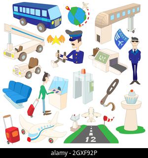 Airport impostare icone in stile cartoon isolato su sfondo bianco Foto Stock