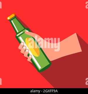 Mano che tiene l'icona di una bottiglia di birra verde in stile piatto su sfondo rosso Foto Stock