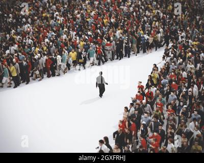 L'uomo d'affari si distingue dalla massa che cammina nella direzione opposta. Rendering 3D Foto Stock