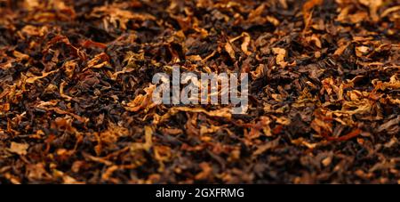 Primo piano sfondo di pronta strofinata lunga taglio grezzo tubo tabacco miscela, alto angolo di vista Foto Stock