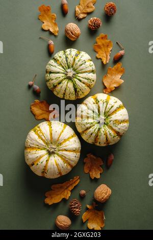 Layout creativo con zucche, foglie di quercia secca, noci, ghiande, coni di pino su tavola verde. Stile vintage. Autunno, autunno concetto. Disposizione piatta, vista dall'alto. Foto Stock