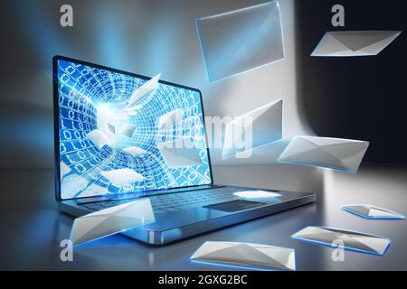 Rendering 3D delle lettere che escono dallo schermo di un laptop Foto Stock