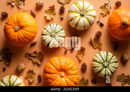 Composizione autunnale. Zucche mature, foglie di quercia secca, ghiande, noci su sfondo arancione. Stile vintage. Autunno, autunno concetto. Disposizione piatta, vista dall'alto. Foto Stock