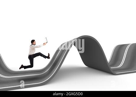 Uomo d'affari con il computer corre su una strada tortuosa. Rendering 3D Foto Stock