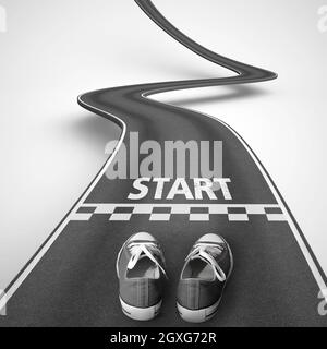 Scarpe dietro la linea di partenza in una strada tortuosa su sfondo bianco che sale fino a raggiungere gli obiettivi. Rendering 3D Foto Stock