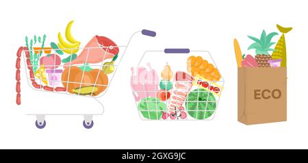 Set di Shopping pieno di cestini alimentari e ECO bag vista frontale isolato su bianco. Illustrazione del vettore Flat Art Illustrazione Vettoriale
