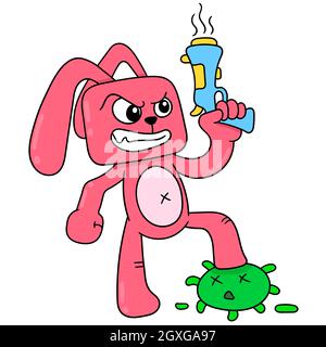 coniglio arrabbiato di fronte portando una pistola contro il virus corona Illustrazione Vettoriale