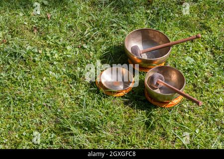 Set di metallo SINGING BOWLS in erba del proprio giardino zen Foto Stock