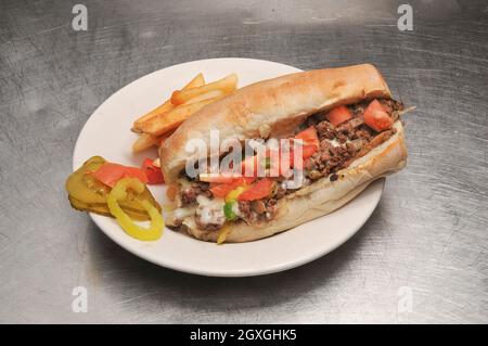 Deliziosa cucina americana conosciuta come il Philly Cheesesteak Foto Stock