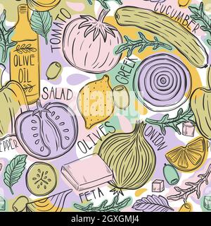 Ricetta perfetta per insalata greca con motivo. Stile vintage disegnato a mano. Illustrazione Vettoriale