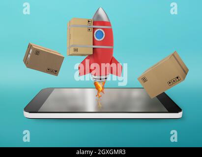 Smartphone con un razzo che esce dallo schermo. Illustrazione 3D Foto Stock