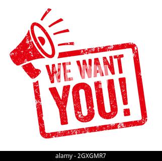 Francobollo rosso con megafono - vogliamo voi Foto Stock