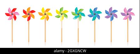 Ruota di Pinwheels - set di volantini colorati, giocattolo rotante con bastone di legno - illustrazione su sfondo bianco. Foto Stock