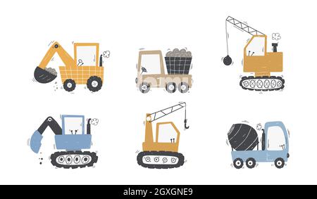 Carini camion e digger per bambini in stile scandinavo su sfondo bianco. Attrezzatura da costruzione. Divertente trasporto di costruzione Illustrazione Vettoriale