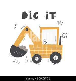 Carino fumetto digger con lettere - scavarlo. Disegno vettoriale a mano, illustrazione per bambini, poster. Illustrazione Vettoriale