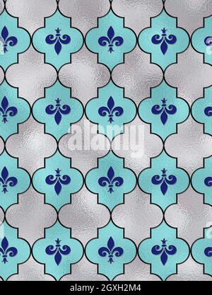 Fondo giglio senza cuciture fleur de Lis. Blu turchese argento lucido modello con simbolo araldico fleur-de-lis. Moderno modello astratto. Illustrazione 3D Foto Stock