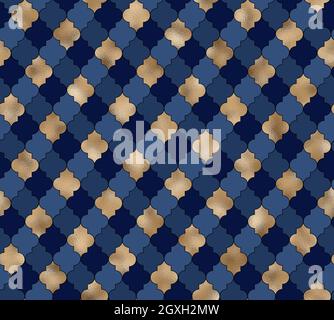 Sfondo astratto. Motivo oro blu. Design arabo marocchino struttura geometrica . Linee moderne e contemporanee con motivi marocchini in oro e blu. Foto Stock