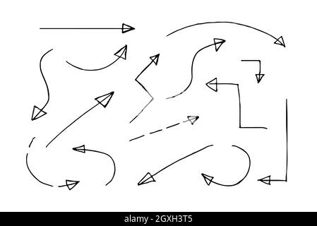 Freccia impostata. Frecce nere vettoriali disegnate a mano isolate su sfondo bianco. Illustrazione Vettoriale