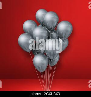 I palloncini d'argento si mazzano su uno sfondo rosso. Rendering di illustrazioni 3D Foto Stock