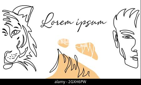 Tiger e uomo a metà faccia, disegno della testa. Illustrazione vettoriale, banner, poster, sfondo. Disegno continuo di una linea della tigre Illustrazione Vettoriale