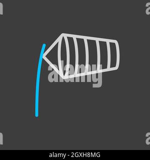 Windsocks gonfiato dal vento all'icona del vettore della pista dell'aeroporto su sfondo scuro. Segno meteorologico. Simbolo grafico per viaggi, turismo e meteo web si Foto Stock