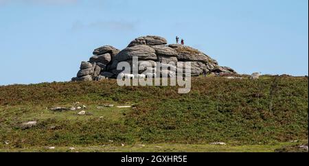 Dartmoor, Devon, Inghilterra, Regno Unito. 2021. Turisti e pony selvaggi a Saddle Tor, Dartmoor, Devon, Regno Unito Foto Stock