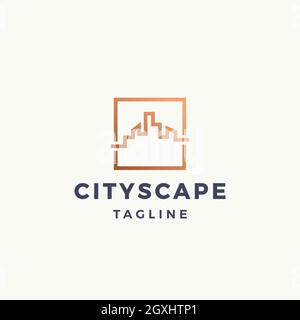 City Scape Abstract Vector Sign, Symbol o Logo Template. Geometria linee edifici in una cornice quadrata con moderna tipografia. Emblema immobiliare Illustrazione Vettoriale