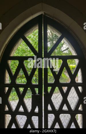 Guardando indietro dal portico d'ingresso del 12 ° secolo, Norman, St Leonards Church, Hartley Mauditt, Hampshire, Inghilterra, Regno Unito Foto Stock