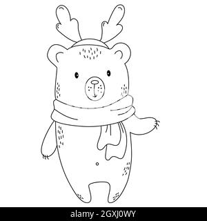 Carino orso con le corna di renna di Natale. Animale di Natale in sciarpa. Profilo. Illustrazione lineare vettoriale. Per arredamento, design e cartoline Illustrazione Vettoriale