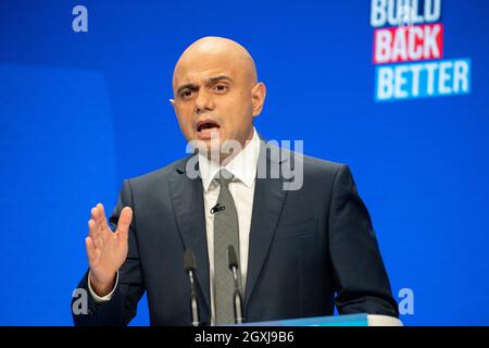 Manchester, Regno Unito. 5 ottobre 2021. Il Segretario della Sanità del Regno Unito Sajid Javid tiene il suo discorso annuale. La Conferenza del partito conservatore si svolge a Manchester Central. Credit: Benjamin Wareing/ Alamy Live News Javid dà il suo discorso annuale conferenza. La Conferenza del partito conservatore si svolge a Manchester Central. Credit: Benjamin Wareing/ Alamy Live News Foto Stock