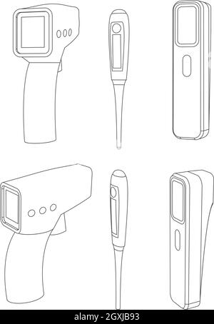 Set vettoriale di termometri digitali, dispositivi a pistola di controllo della temperatura Illustrazione Vettoriale