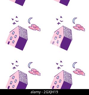 Sfondo bianco con case rosa e viola, luna blu, nuvole e uccelli. Illustrazione Vettoriale