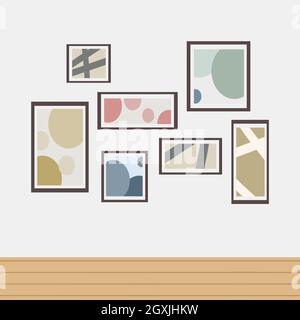 Dipinti incorniciati appesi alle pareti. Decorazioni per pareti interne in stile caffè con opere d'arte. Illustrazione vettoriale piatta di cornici di pittura adorabili Illustrazione Vettoriale