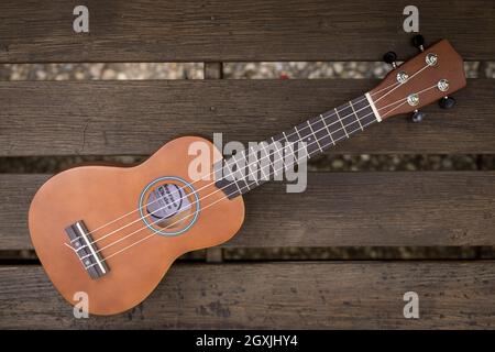 Ukulele e su una panca di legno parco in estate, zona verde in sfondo sfocato Foto Stock