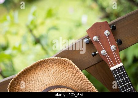 Ukulele su una panca di legno parco in estate, area verde in uno sfondo sfocato Foto Stock