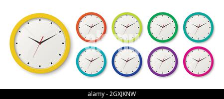 Vector 3d Realistic Color Wall Office Clock Icon Set isolato. Colori diversi. Quadrante bianco. Modello di design del closeup orologio da parete. Mock-up per Illustrazione Vettoriale