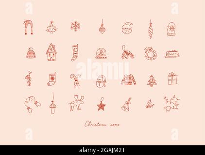 Le icone di Natale disegnano in stile di schizzo a mano su sfondo color pesca Illustrazione Vettoriale