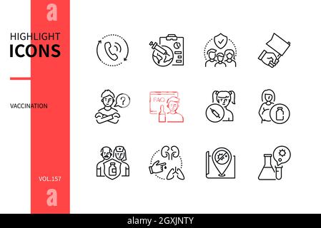 Vaccinazioni - icone moderne di stile di disegno di linea impostate. Compilation in bianco e nero. Problemi di attualità del mondo moderno relativi al coronavirus e al Illustrazione Vettoriale