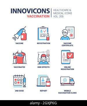 Vaccinazione - icone colorate dello stile di disegno della linea impostate. Immagini su sfondo bianco. Problemi attuali del mondo moderno, legati al coronavirus, registrazione Illustrazione Vettoriale