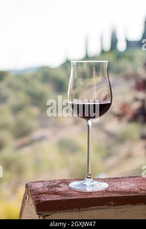 Sorseggiate un bicchiere di vino rosso di Toscana, Italia. Sfocata vigneti in background. Foto Stock